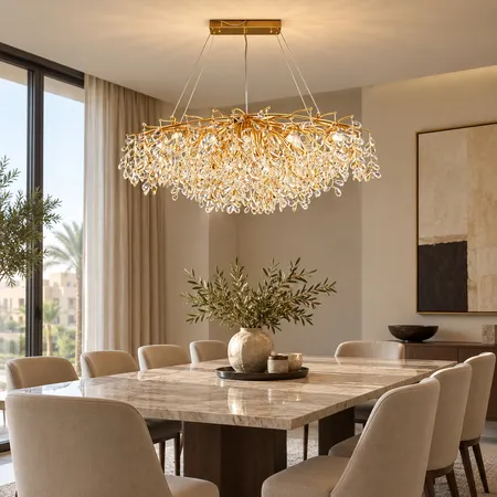 ثريا مودرن بتصميم أغصان ذهبية وعسلية وشفافة 15 لمبات E14 – موديل 0026