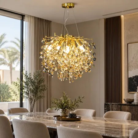 ثريا مودرن بتصميم أغصان ذهبية وعسلية وشفافة مقاس 45 سم 6 لمبات E14