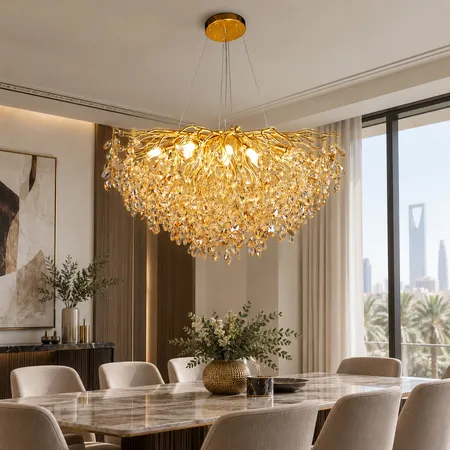 ثريا مودرن بتصميم أغصان ذهبية وعسلية وشفافة 15 لمبات E14 – موديل 0132
