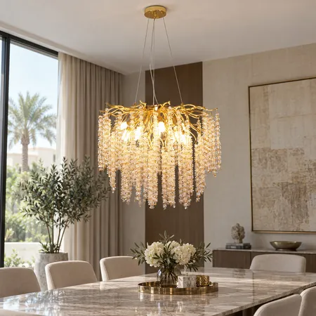 ثريا مودرن بتصميم أغصان ذهبية وعسلية وشفافة 6 لمبات E14 – موديل 0144