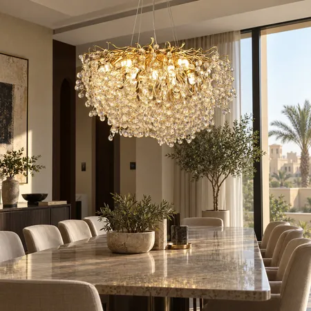 ثريا مودرن بتصميم أغصان ذهبية وشفافة مقاس 80 سم 13 لمبات E14 – موديل 0174