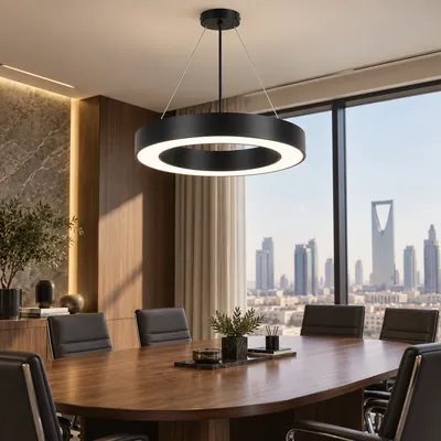 ثريا مكتبية معلقة LED دائرية مفتوحة أسود 90 واط – إنارة مكاتب هندسية مودرن مقاس 70×80 – F101315