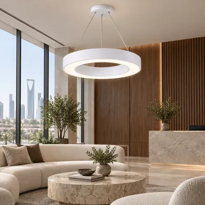 ثريا مكتبية معلقة LED دائرية مفتوحة أبيض 90 واط – إنارة مكاتب هندسية مودرن مقاس 70×80 – F101316