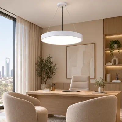 ثريا مكتبية معلقة LED دائرية مغلقة أبيض 60 واط – إنارة مكاتب هندسية مودرن مقاس 70×60 – F101317