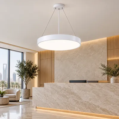 ثريا مكتبية معلقة LED دائرية مغلقة أبيض 90 واط – إنارة مكاتب هندسية مودرن مقاس 70×80 – F101319
