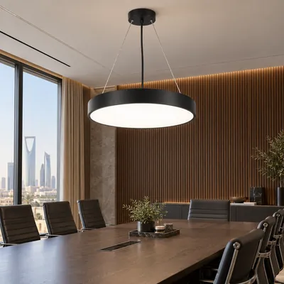 ثريا مكتبية معلقة LED دائرية مغلقة أسود 90 واط – إنارة مكاتب هندسية مودرن مقاس 70×80 – F101320