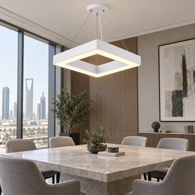 ثريا مكتبية معلقة LED مربعة مفتوحة أبيض 90 واط – إنارة مكاتب هندسية مودرن مقاس 70×80 – F101322