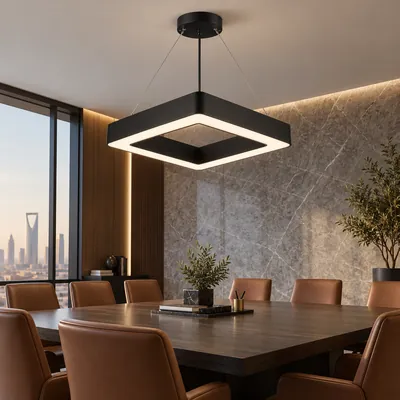 ثريا مكتبية معلقة LED مربعة مفتوحة أسود 90 واط – إنارة مكاتب هندسية مودرن مقاس 70×80 – F101323