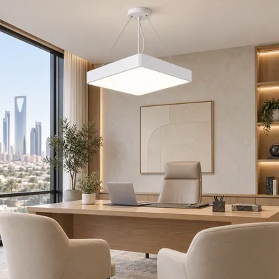ثريا مكتبية معلقة LED مربعة مغلقة أبيض 60 واط – إنارة مكاتب هندسية مودرن مقاس 70×60 – F101324