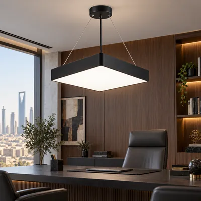 ثريا مكتبية معلقة LED مربعة مغلقة أسود 90 واط – إنارة مكاتب هندسية مودرن مقاس 70×80 – F101325