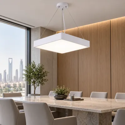 ثريا مكتبية معلقة LED مربعة مغلقة أبيض 90 واط – إنارة مكاتب هندسية مودرن مقاس 70×80 – F101326