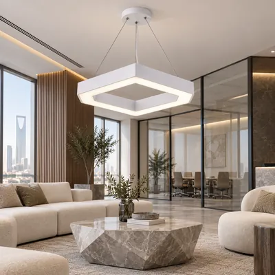 ثريا مكتبية معلقة LED سداسية مفتوحة أبيض 90 واط – إنارة مكاتب هندسية مودرن مقاس 70×80 – F101328