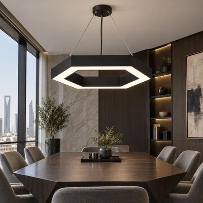 ثريا مكتبية معلقة LED سداسية مفتوحة أسود 90 واط – إنارة مكاتب هندسية مودرن مقاس 70×80 – F101329