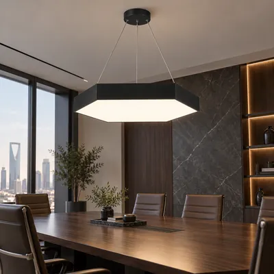 ثريا مكتبية معلقة LED سداسية مغلقة أسود 90 واط – إنارة مكاتب هندسية مودرن مقاس 70×80 – F101331