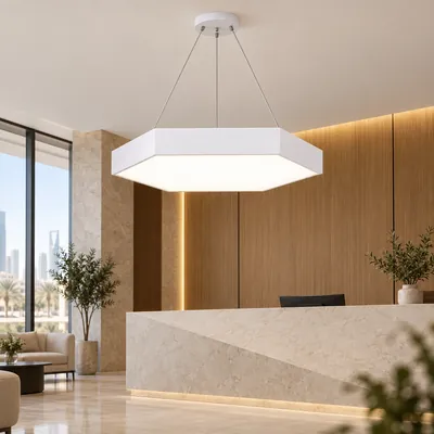 ثريا مكتبية معلقة LED سداسية مغلقة أبيض 90 واط – إنارة مكاتب هندسية مودرن مقاس 70×80 – F101332