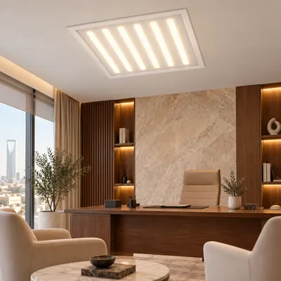 إنارة سقف 6 خطوط LED 60×60 120 واط ضوء أصفر دافئ – بنل مكاتب مودرن بخطوط ليزر – F101344