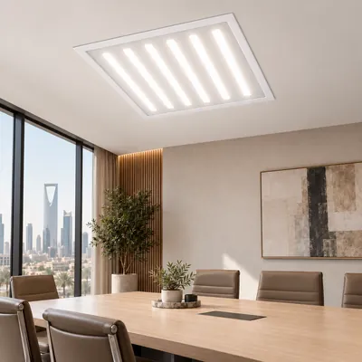إنارة سقف 6 خطوط LED 60×60 120 واط ضوء شمسي (أبيض طبيعي) – بنل مكاتب مودرن بخطوط ليزر – F101345