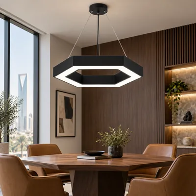 ثريا مكتبية معلقة LED سداسية مفتوحة أسود 60 واط – إنارة مكاتب هندسية مودرن مقاس 70×60 – f10364