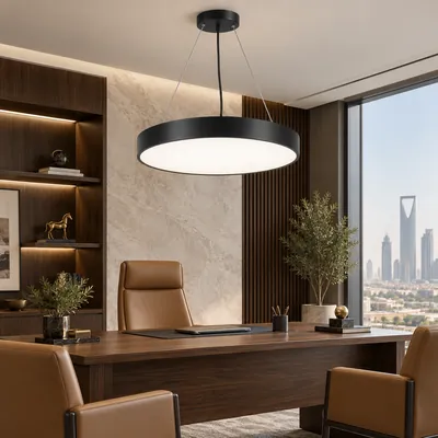 ثريا مكتبية معلقة LED دائرية مغلقة أسود 60 واط – إنارة مكاتب هندسية مودرن مقاس 70×60 – f10367