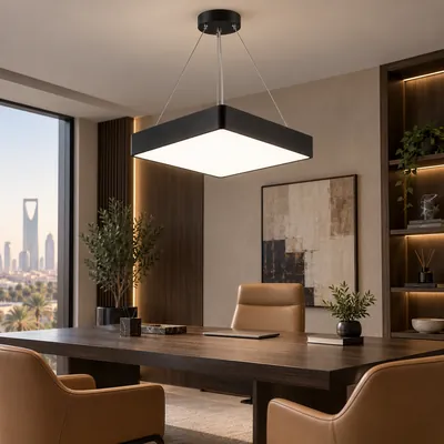 ثريا مكتبية معلقة LED مربعة مغلقة أسود 60 واط – إنارة مكاتب هندسية مودرن مقاس 70×60 – f10368