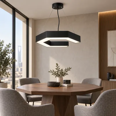 ثريا مكتبية معلقة LED نصف سداسية أسود – إنارة مكاتب مودرن بتصميم هندسي – f10369