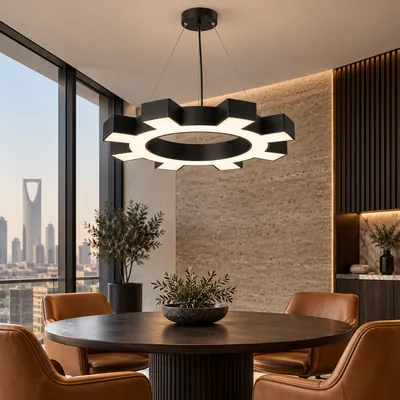 ثريا مكتبية معلقة LED بشكل ترس أسود – إنارة مكاتب مودرن بتصميم هندسي – f10370