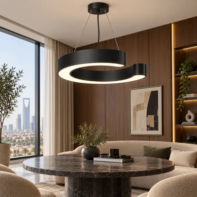 ثريا مكتبية معلقة LED بشكل حرف C أسود – إنارة مكاتب مودرن بتصميم هندسي – f10371