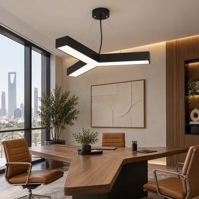 ثريا مكتبية معلقة LED بشكل حرف Y أسود – إنارة مكاتب مودرن بتصميم هندسي – F10373
