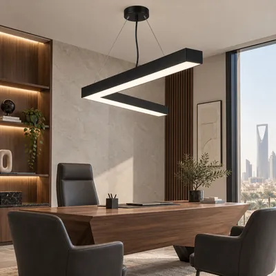 ثريا مكتبية معلقة LED بشكل حرف V أسود – إنارة مكاتب مودرن بتصميم هندسي – F10421