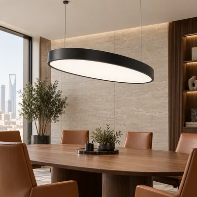 ثريا مكتبية معلقة LED بيضاوية مغلقة أسود – إنارة مكاتب مودرن بتصميم هندسي – F10424
