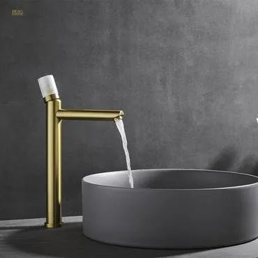 خلاط مغسلة طويل ذهبي ماسكة أبيض مع ليات وهراب - PP90124-GW