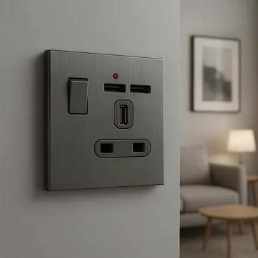 فيش كهربائي 13 أمبير مع منفذ USB وشاحن رمادي